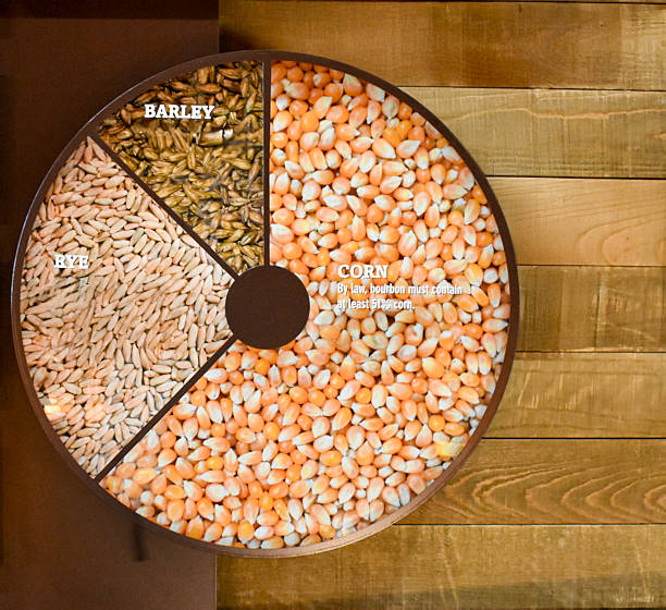 Display showing corn, rye and barley used in a Bourbon mash bill