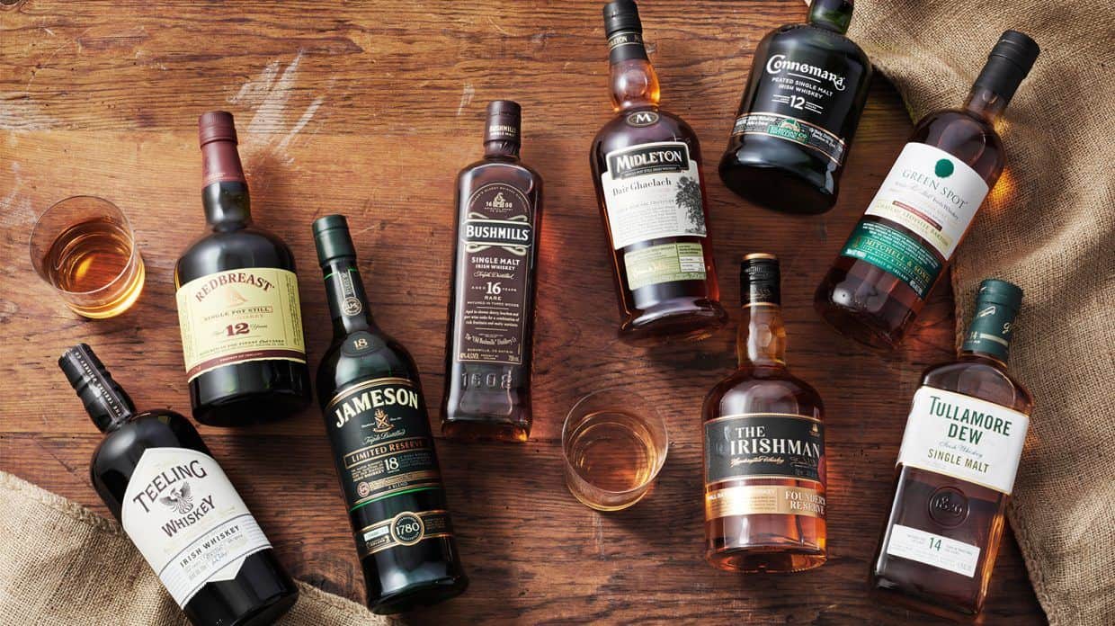 Selection of Irish whiskey bottles