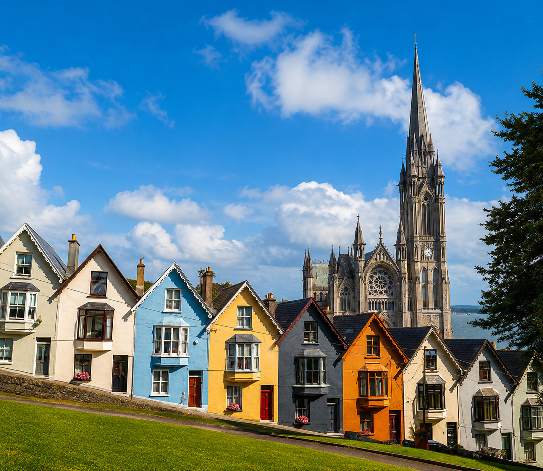 Irish town and cathedral by the coast