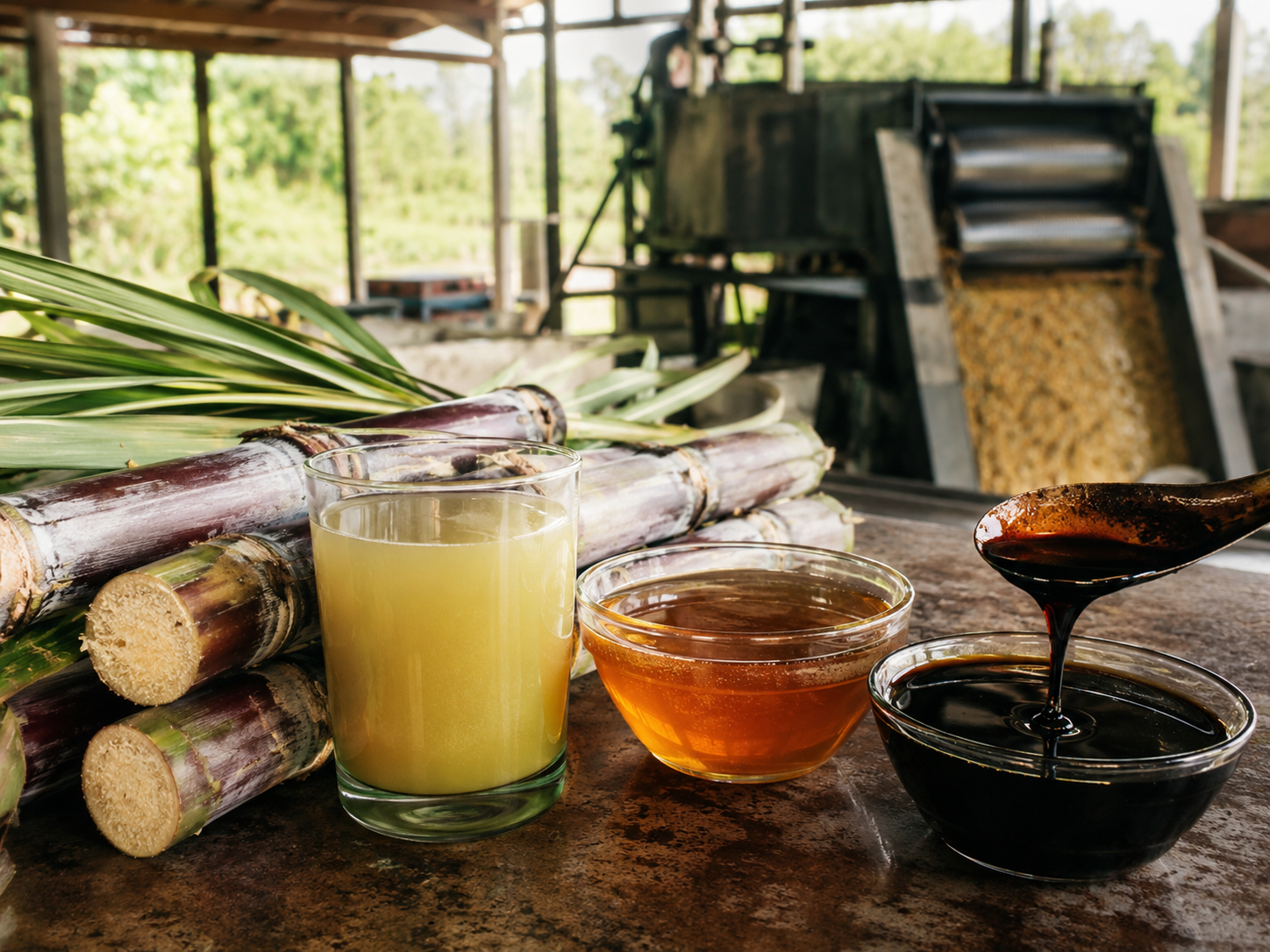 Sugar cane with fresh cane juice, cane syrup and molasses at a cane-processing mill