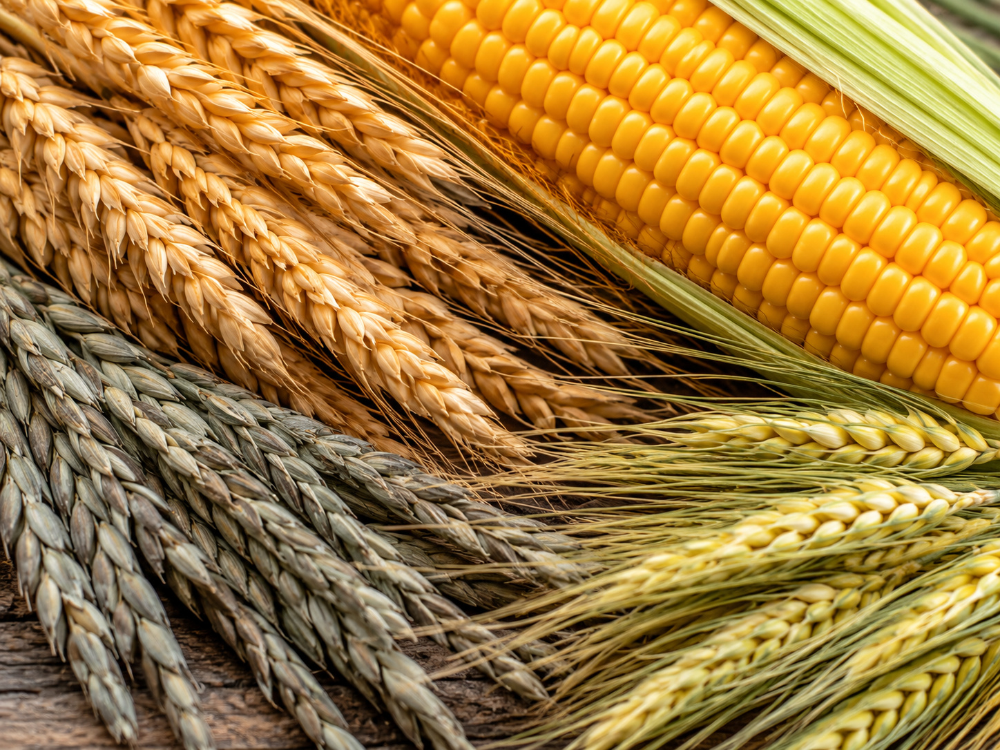 Barley, corn, rye, wheat and oat shown as cereal raw materials for grain vodka