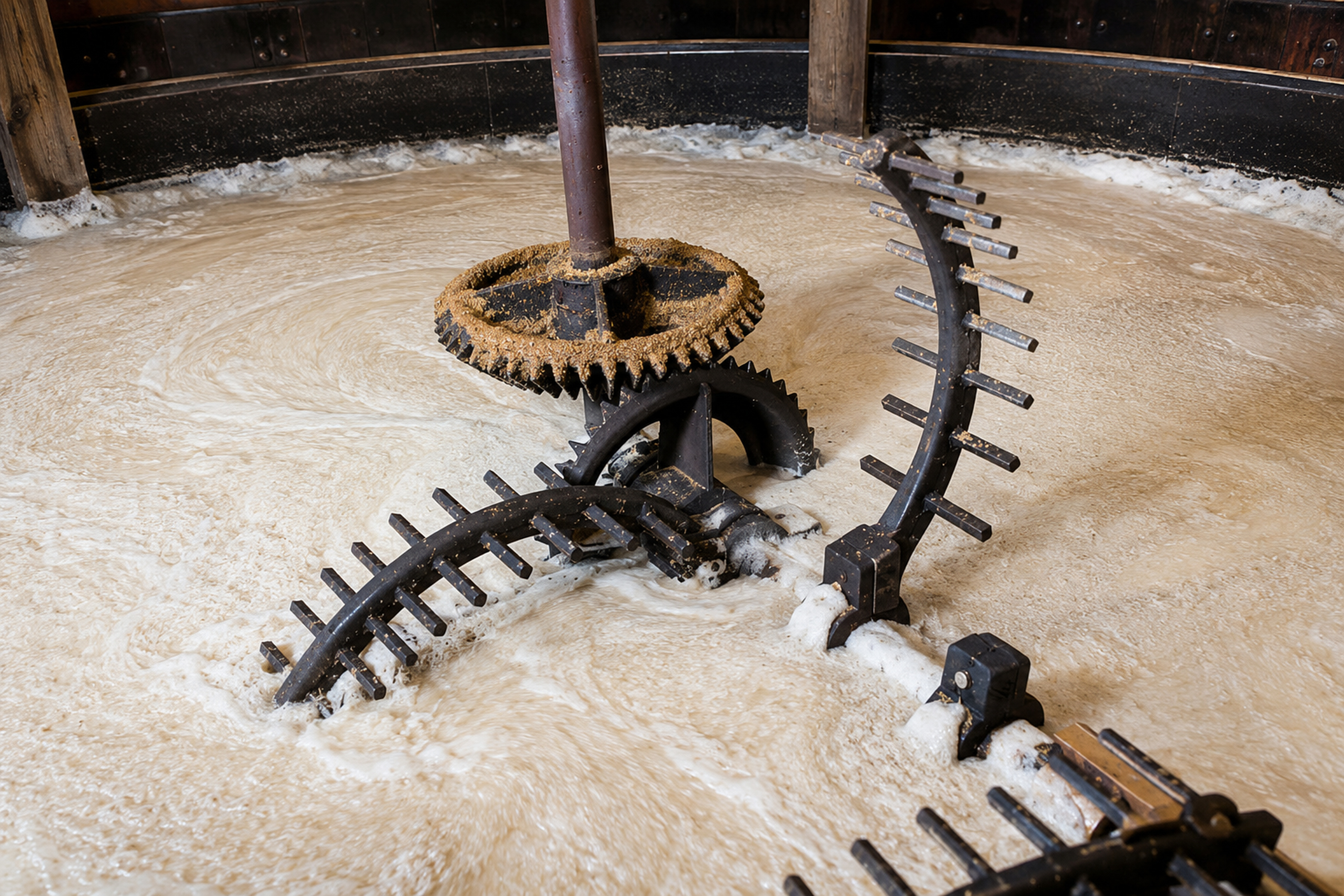 Mash tun with mechanical rakes mixing a cereal mash during preparation