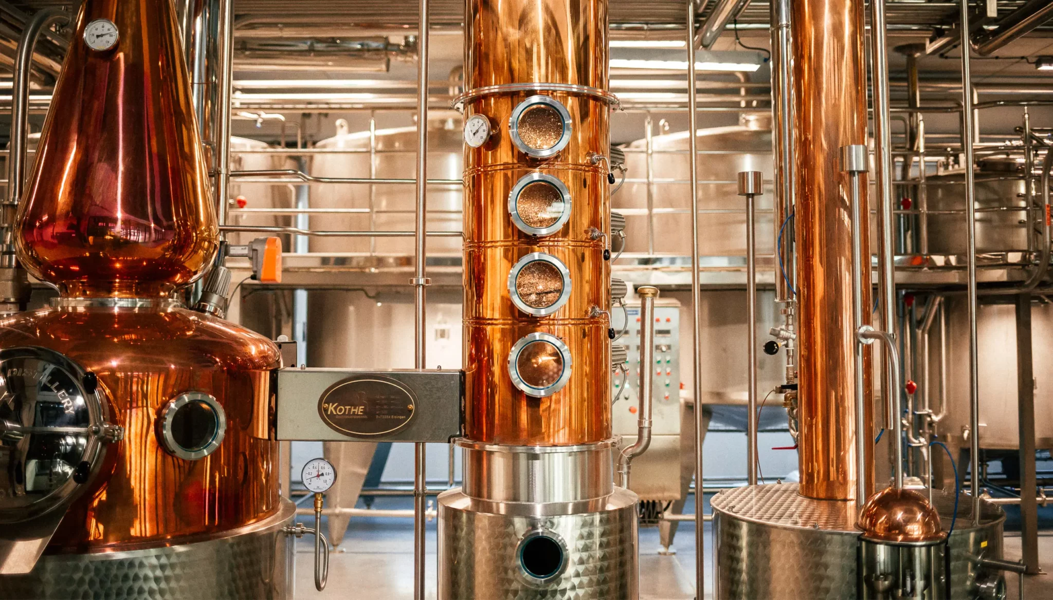 Industrial distillery with copper and stainless-steel equipment