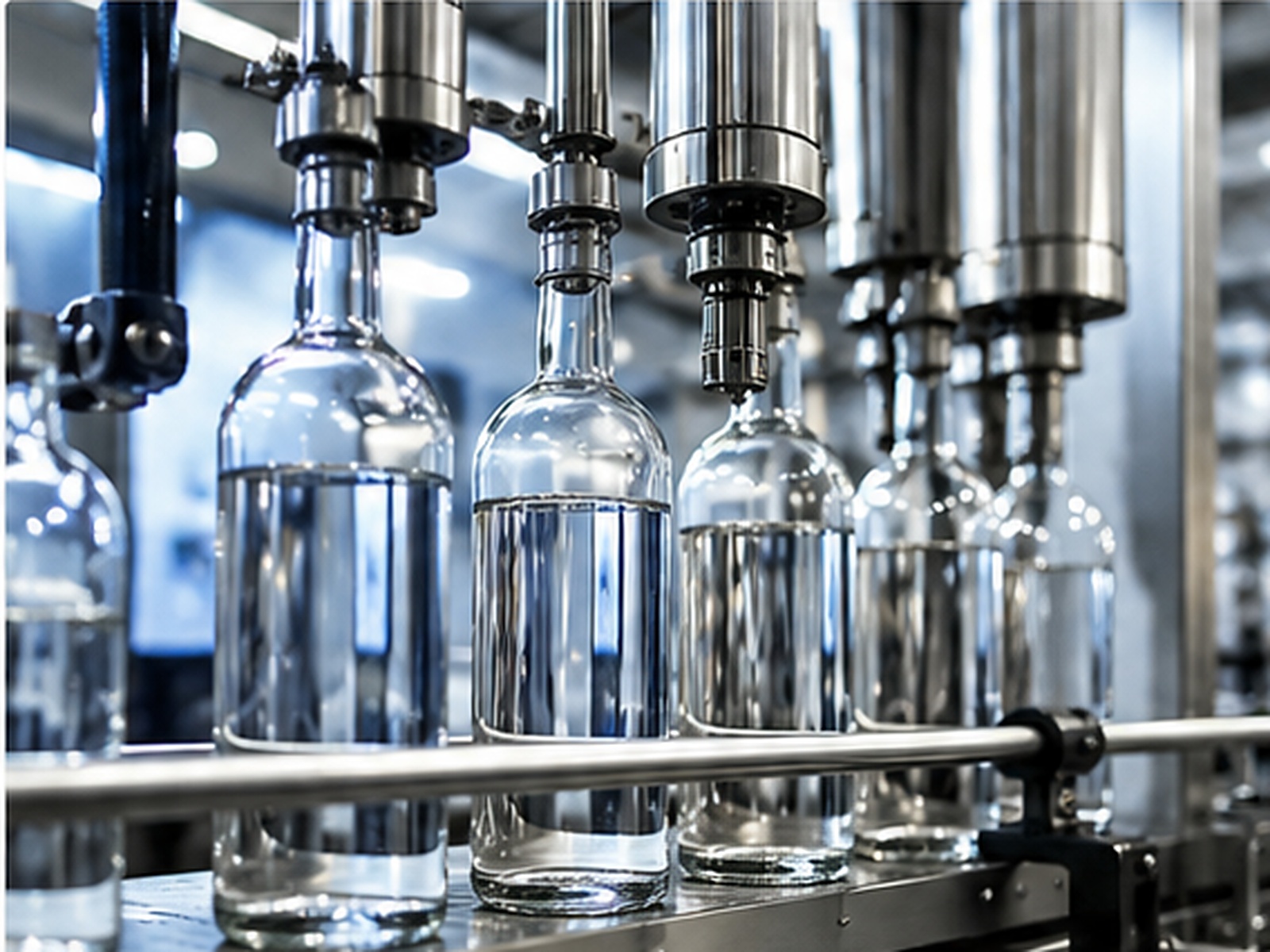 Clear spirit bottles on a modern stainless-steel bottling line