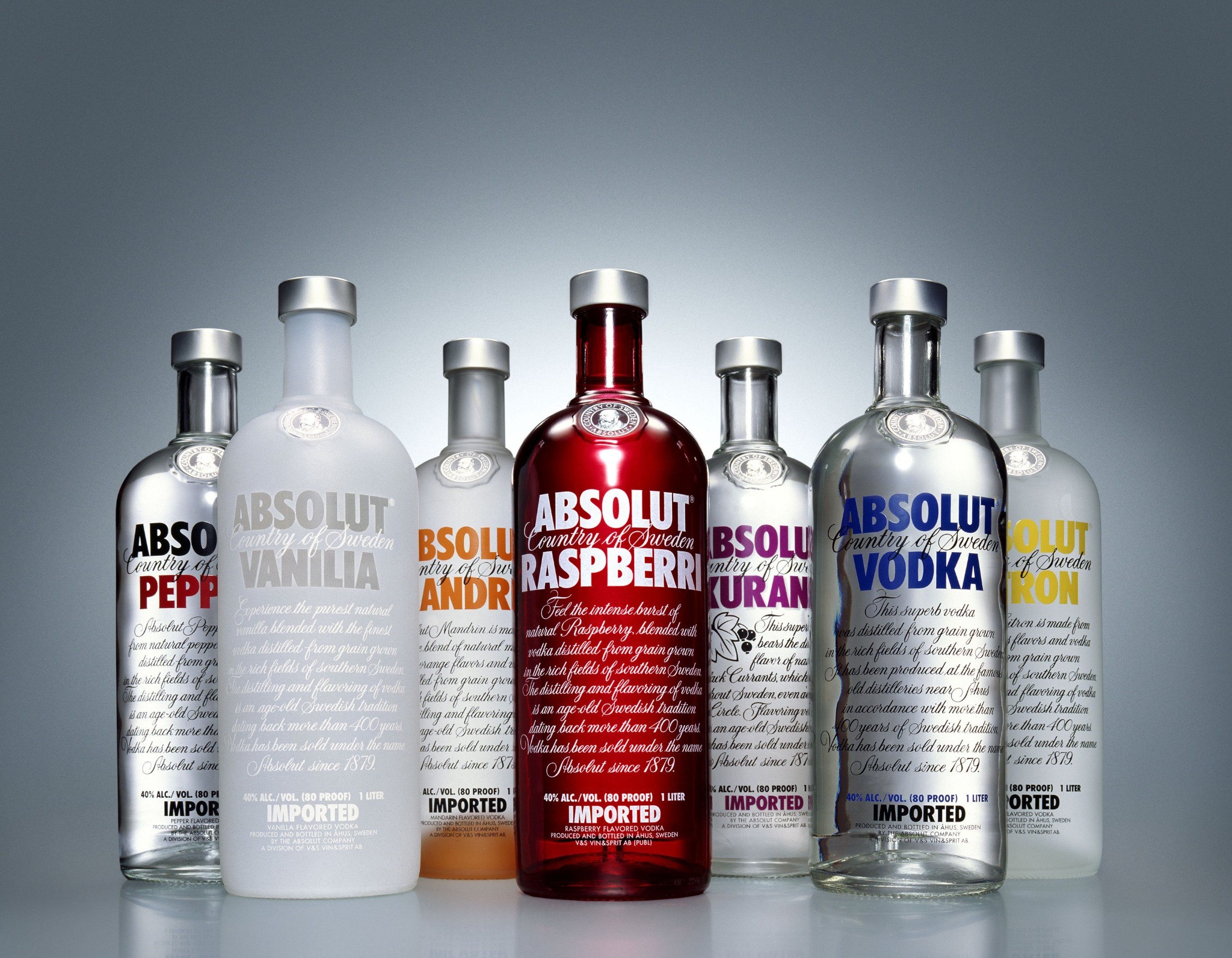 Historic Absolut flavoured vodka portfolio including Peppar, Vanilia, Mandrin, Raspberri, Kurant and Citron
