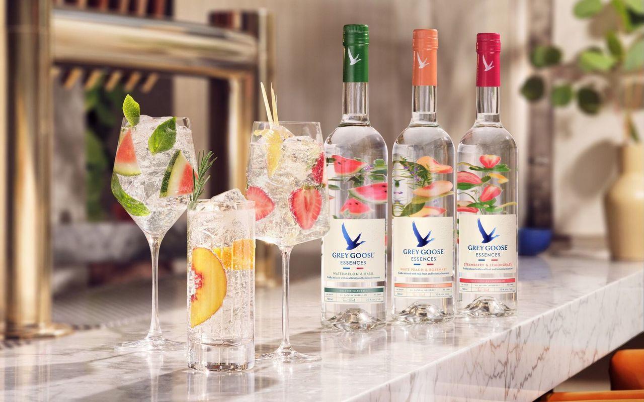 Grey Goose Essences Watermelon and Basil, White Peach and Rosemary, and Strawberry and Lemongrass with long drinks